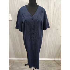 Vintage Lady Dorby Dress 22W Navy Blue Button Front Old Money Mature Business